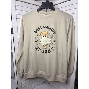 Halloween Ghost Sweatshirt Womens Med Beige Western Cowboy Boot Scootin Spooky‎